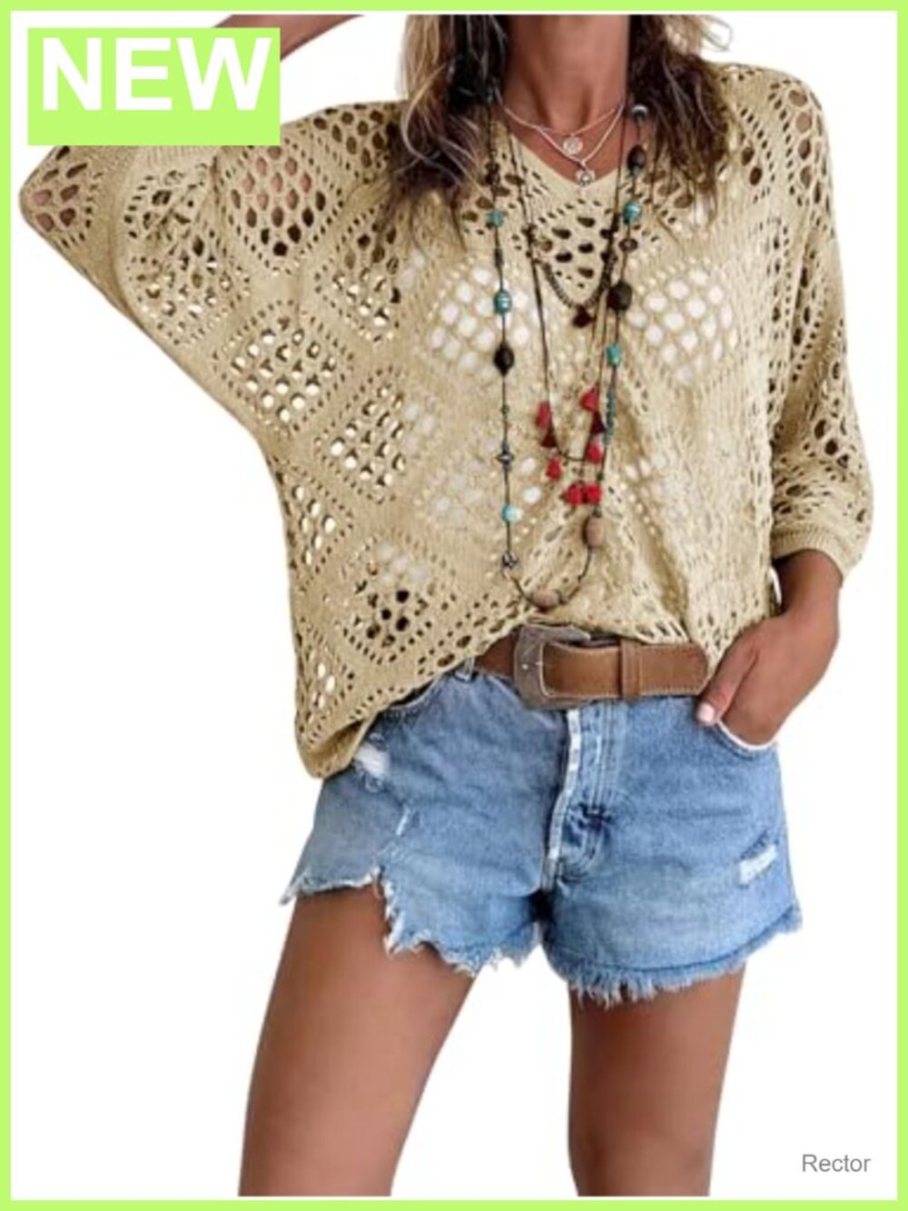 Fisoew Crochet Cover Up Top Short Sleeve V-Neck Boho Beach Swimsuit Coverup